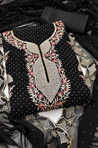 Women's black unstitched embroidered georgette dress material 
