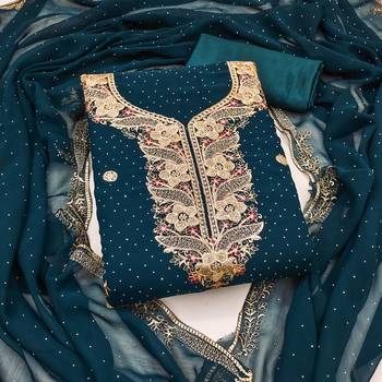 Women's teal blue embroidered georgette dress material 1