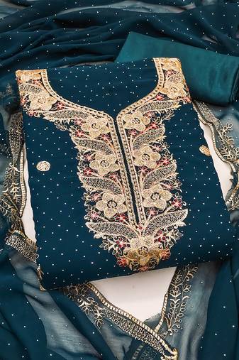 Women's teal blue unstitched embroidered georgette dress material 
