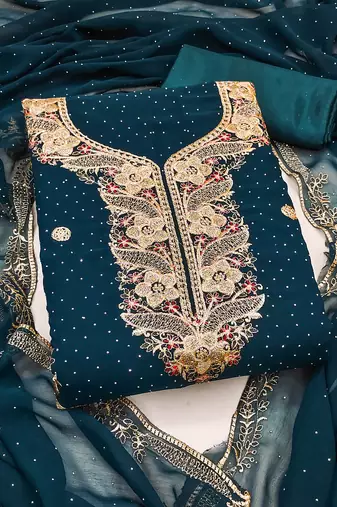 Women's teal blue unstitched embroidered georgette dress material 