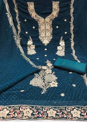 Women's teal blue embroidered georgette dress material 2