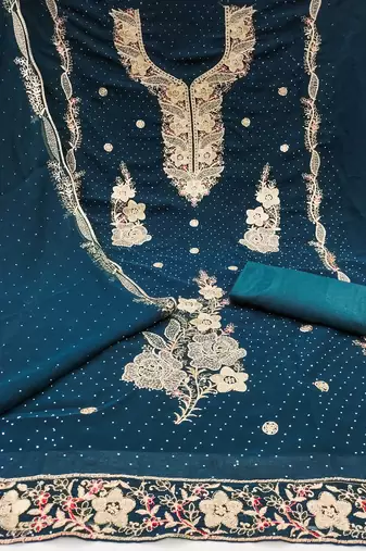 Women's teal blue embroidered georgette dress material
