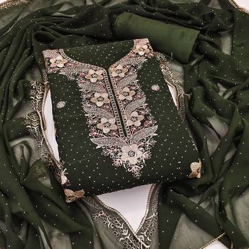 Women's olive green embroidered georgette dress material 1