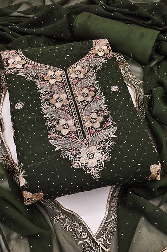 Women's olive green unstitched embroidered georgette dress material 