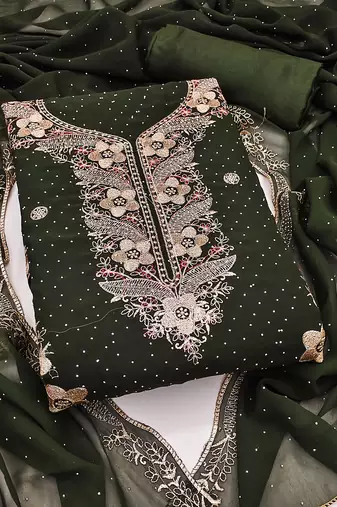 Women's olive green unstitched embroidered georgette dress material 