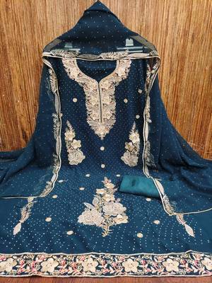 Women's teal blue embroidered georgette dress material 3