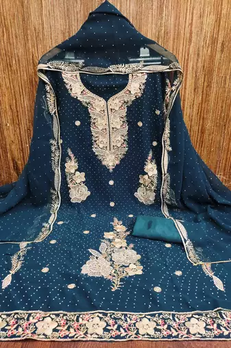 Women's teal blue embroidered georgette dress material