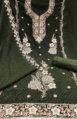 Women's olive green embroidered georgette dress material 2