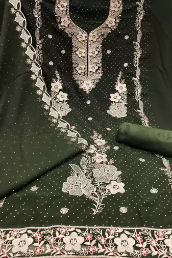 Women's olive green embroidered georgette dress material