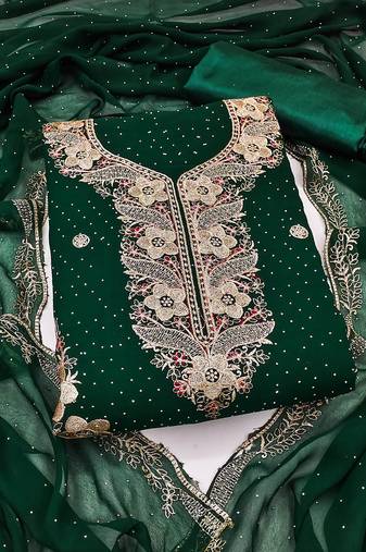 Women's green unstitched embroidered georgette dress material 