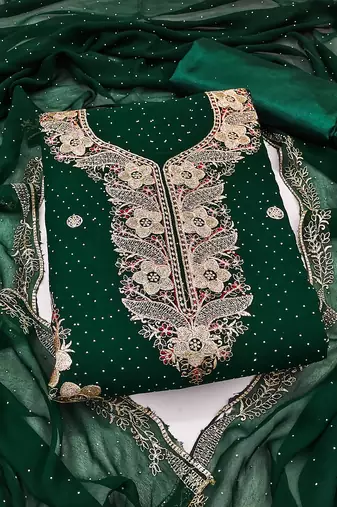 Women's green unstitched embroidered georgette dress material 