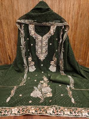Women's olive green embroidered georgette dress material 3