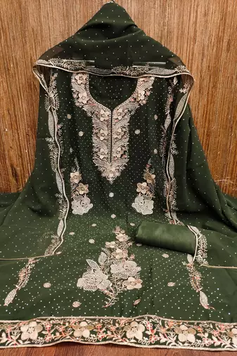 Women's olive green embroidered georgette dress material
