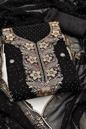 Women's black unstitched embroidered georgette dress material 