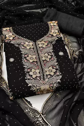 Women's black unstitched embroidered georgette dress material 