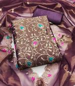 Women's voilet embroidered twill silk dress material