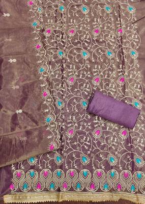 Women's voilet embroidered twill silk dress material 2