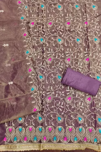 Women's voilet embroidered twill silk dress material