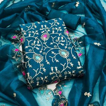 Women's teal blue embroidered twill silk dress material 1