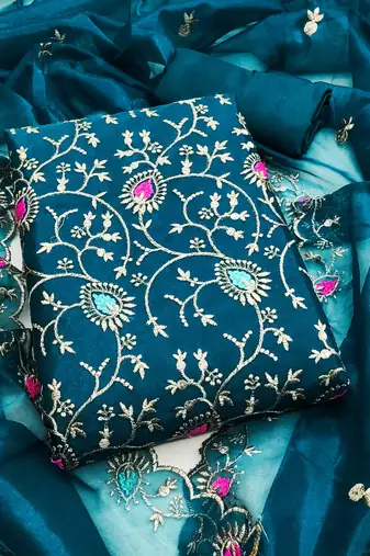 Women's teal blue unstitched embroidered twill silk dress material 