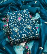 Women's teal blue unstitched embroidered twill silk dress material