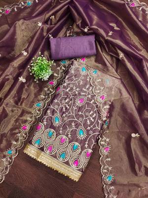 Women's voilet embroidered twill silk dress material 3