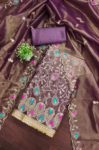 Women's voilet embroidered twill silk dress material
