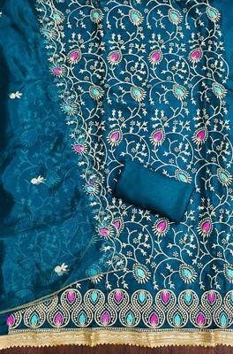 Women's teal blue embroidered twill silk dress material 2