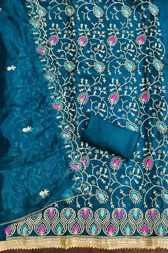 Women's teal blue embroidered twill silk dress material