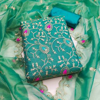 Women's sea green embroidered twill silk dress material 1