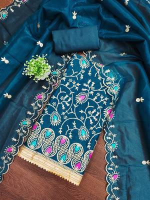Women's teal blue embroidered twill silk dress material 3