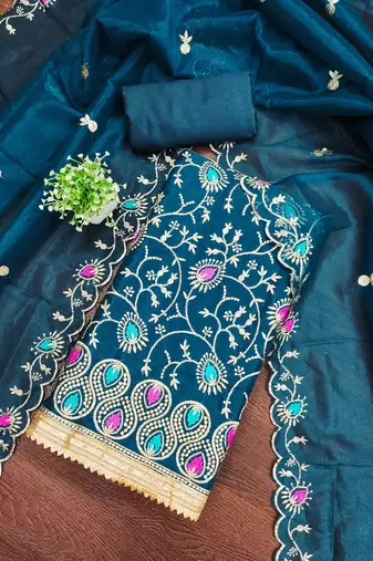 Women's teal blue embroidered twill silk dress material