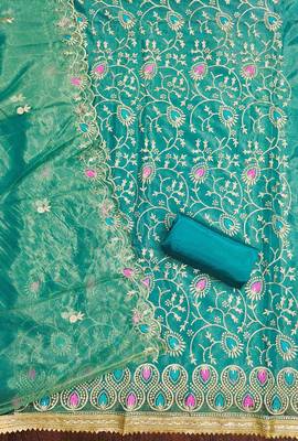 Women's sea green embroidered twill silk dress material 2