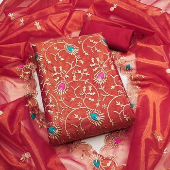 Women's red embroidered twill silk dress material 1