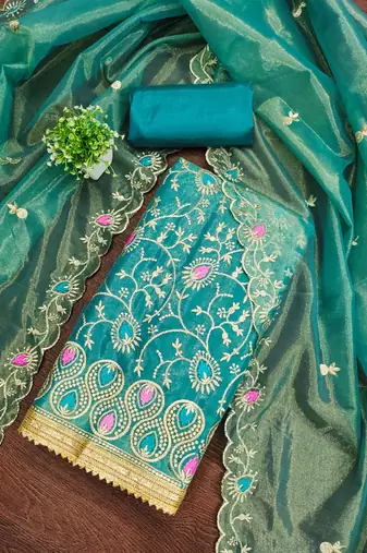 Women's sea green embroidered twill silk dress material