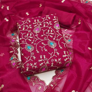 Women's magenta embroidered twill silk dress material 1