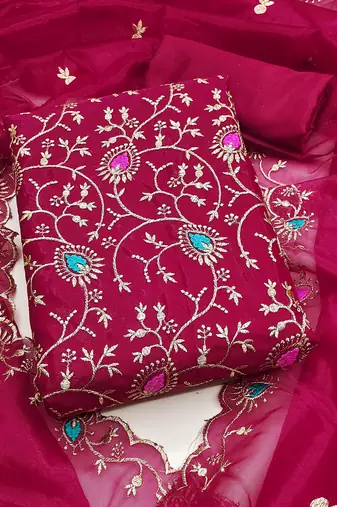 Women's magenta unstitched embroidered twill silk dress material 