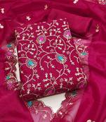 Women's magenta unstitched embroidered twill silk dress material