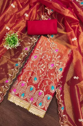 Women's red embroidered twill silk dress material
