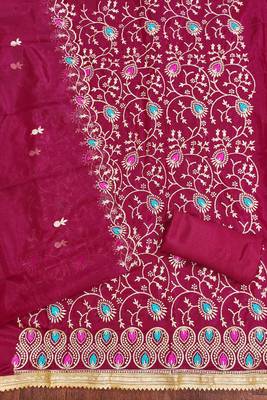 Women's magenta embroidered twill silk dress material 2