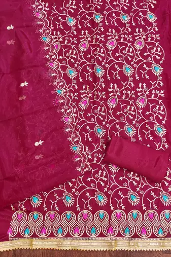 Women's magenta embroidered twill silk dress material
