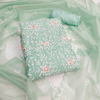 Women's sea green embroidered twill silk dress material 1