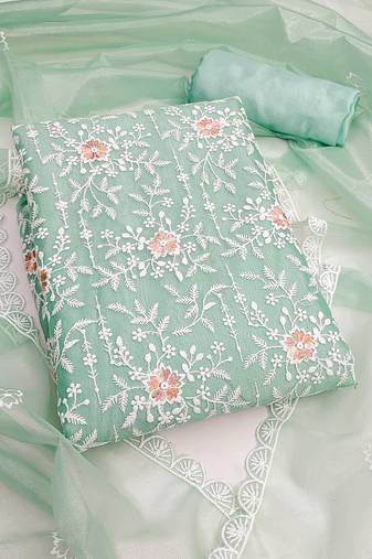Women's sea green unstitched embroidered twill silk dress material 