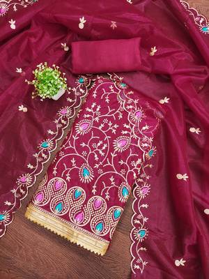 Women's magenta embroidered twill silk dress material 3