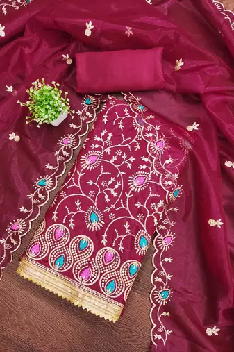 Women's magenta embroidered twill silk dress material