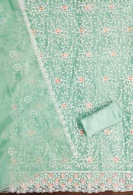Women's sea green embroidered twill silk dress material 2