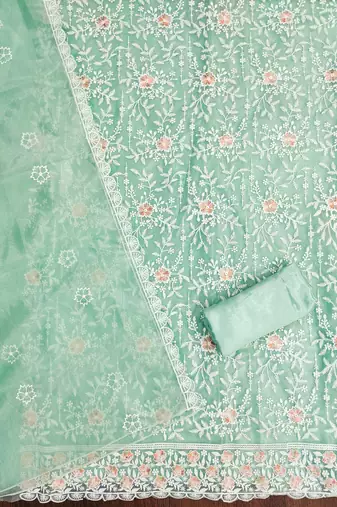 Women's sea green embroidered twill silk dress material
