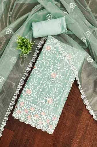 Women's sea green embroidered twill silk dress material