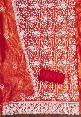 Women's red embroidered twill silk dress material 2