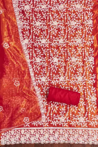 Women's red embroidered twill silk dress material